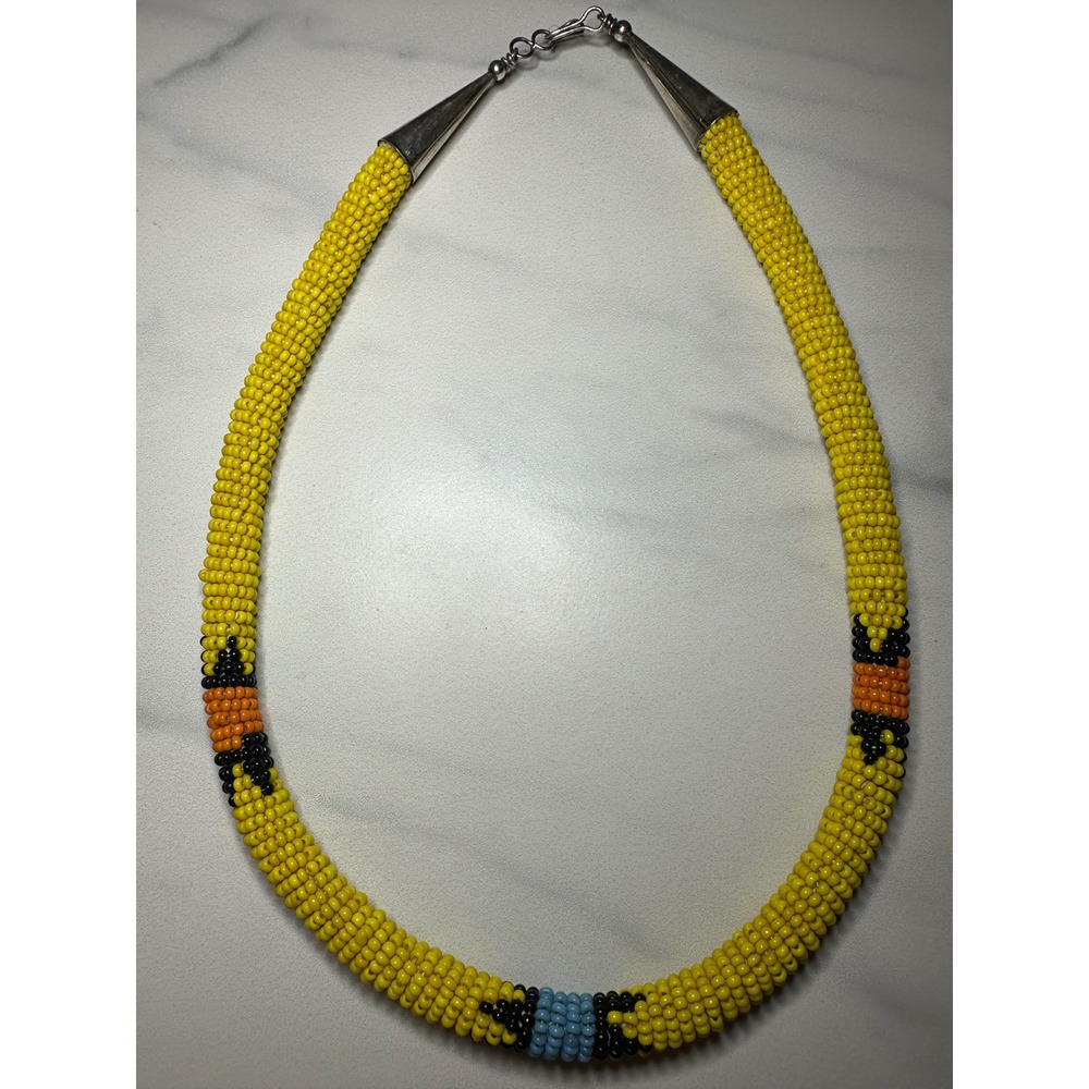 Vintage Yellow Seed Bead Rope Necklace Sterling Silver Cones 19" Southwestern